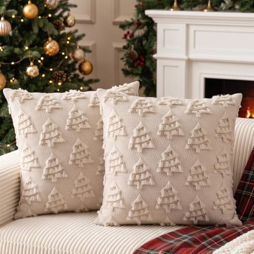 Miaikoe Weihnachtskissenbezüge 45x45 cm 2er Set Dekorative Wollkissenbezug Weiches Plüsch Fälschungsfell Weihnachtsbaum Goldene Linien für Feiertage Winter Wohnzimmer Sofa Beige