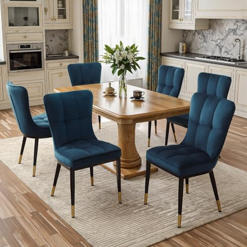 Bekrvio Moderne Esszimmerstühle 6er Set, Bis 200 kg Belastbar, 8 cm Sitzpolster, Samt Esszimmerstuhl mit Hoher Rückenlehne, Küchenstuhl mit Metallrahmen, Polsterstuhl für Esszimmer & Wohnzimmer Blau