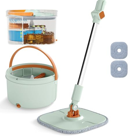 LIFEZEAL Mop, Mocio Lavapavimento Professionale Rotante, con 2 Panni, Strizzatore, Doppio Secchio, Filtro, Scarico, Lunghezza Regolabile, Separazione di Acqua, Leggero, per Diverse Superfici, Verde