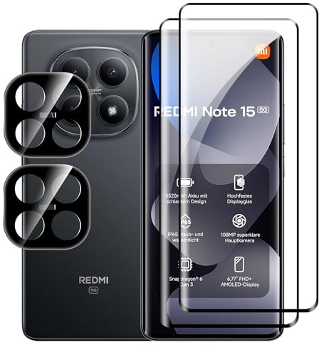 Fhyeugfy pour Xiaomi Redmi Note 15 5G Verre Trempé, [2+2] Pièces Protection écran + Caméra Arrière Protecteur Film, Anti Rayures, Dureté 9H Glass, Sans Bulles