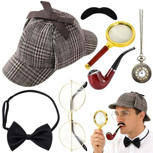 PLLYPE Detective Costume Accessory Set, 7 Pieces Sherlock Holmes Costume Accessories with Detective Hat, Metal Glasses, Magnifying Glass, Men's Bow Tie, Beard, Detective Cosplay Props for Adults