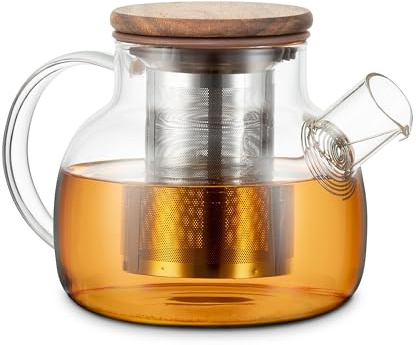 ECONOVO Teekanne aus Glas 0,75L mit Sieb und Holzdeckel, hitzebeständig | Aus hitzebeständigem Borosilikatglas mit Edelstahlfilter für losen Tee, spülmaschinenfest, ideal für 4 bis 6 Tassen