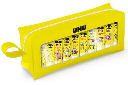 UHU Stic - Bâton de Colle Sans Solvants - Edition Bob L'Éponge - Colle Enfant, Loisirs Créatifs, Bureau, Maison, École - Blanche - Fournitures de Bureau - Lot de 10 Stics de 8,2 g + 1 Trousse