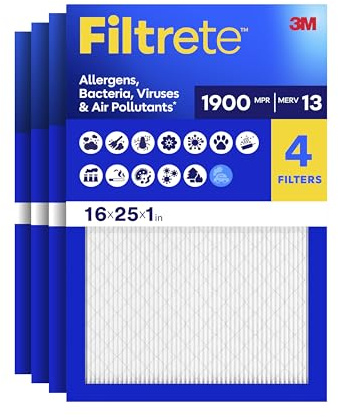 Filtrete 16x25x1 Air Filter, MPR 1900, MERV 13, Healthy Living Ultimate Allergen 3-Month Pleated 1-Inch Air Filters, 4 Filters