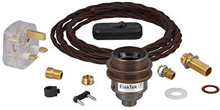 ElekTek Premium Lamp Kit Antique Brass Shade Ring E27 Lamp Holder with Twisted Brown Flex, In Line Switch and 3A UK Plug