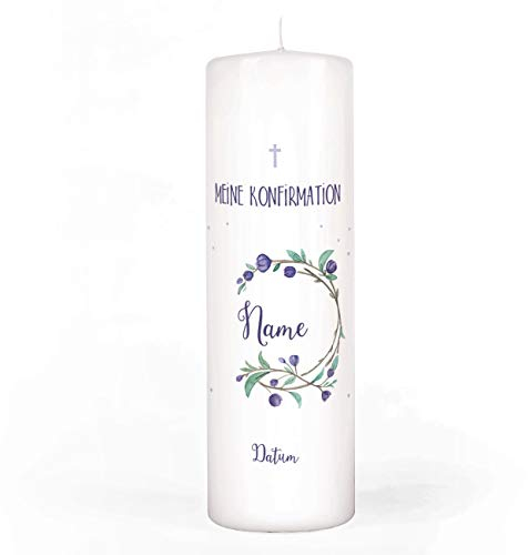 Striefchen® Taufkerze für Mädchen zur Taufe/Kommunion/Konfirmation mit Namen und Wunschtext - Blumenkranz-Dekor, Violett, Grün, Lila, ca. 120 Std Brenndauer, 8 cm x 25 cm (Ø/H), 1 Stück