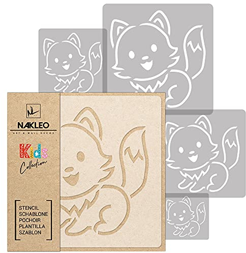 NAKLEO Schablonen Malen für Kinderzimmer, 5 Stück Set 9x9 bis 34x34cm Fuchs Wald Tier, Wiederverwendbare Kunststoff Malvorlage Raumdekoration, Basteln DIY Wand Möbel Papier Stoff