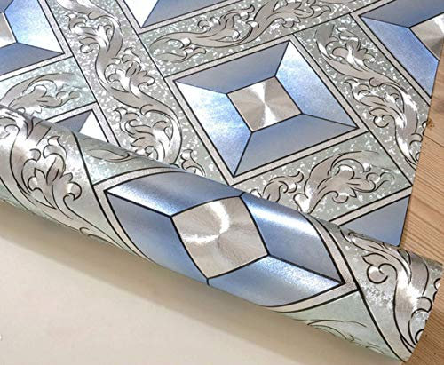 MEAIHOME Modern Minimalist Silver Foil Grid Flicker Thick Waterproof Wall Paper/Hotel Ceiling/Decorative/Bar/TV Background Wallpaper Roll Silver Blue Non-Pasted 1.73' W x 32.8' L
