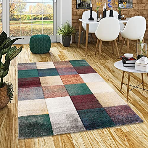 Pergamon Kurzflor Wohnzimmer Designer Teppich Maui Rost Grün Karo in 5 Größen
