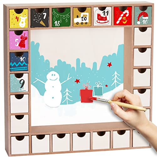 BRUBAKER Adventskalender zum Befüllen mit 24 Schubladen - Wiederverwendbarer DIY Weihnachtskalender zum Bemalen, Basteln und Selbstgestalten - Blanko Holz - 33 cm Höhe