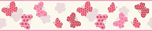 Tapeten Bordüre mit Schmetterling | Pinke Tapete für Mädchenzimmer | Rosa Tapetenbordüre aus Vlies und Vinyl ideal für Babyzimmer von Mädchen