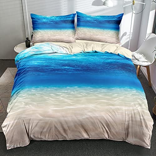 Luofanfei Blaue Bettwäsche 3D 135x200 4teilig Microfaser Meer Wende Maritime Bettwäsche Ozeanwelle Gedruckt 2 Bettbezüge 135 x 200 + 2 Kissenbezüge 80x80 cm Blau Beige Bettbezug Paare Set