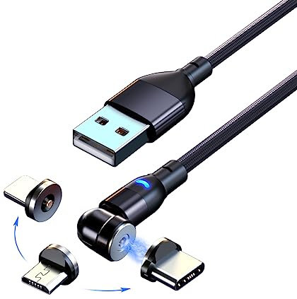 ElectroWorldFR câble USB de chargeur magnétique 540° 2 mètres LED 3 en 1 Type C/Micro/8 pin 540°