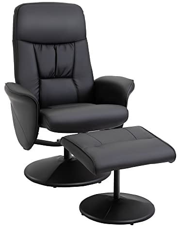 HOMCOM Sillón de Salón con Otomana Reposapiés Tapizado en PU Sillón Relax Reclinable hasta 145° y Giratorio 360° con Respaldo Ajustable para Salón Dormitorio Oficina 76x81x101 cm Negro