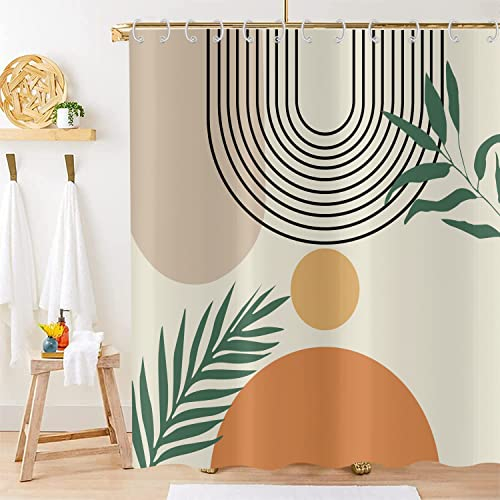Hnmdmyi Rideau de Douche Boho 180x180, Mid Century Abstrait Feuille Arc Soleil Beige Rideau de Douche Moderne Minimaliste Esthétique Art Rideau de Baignoire Étanche Tissu Lavable Rideau de Bain