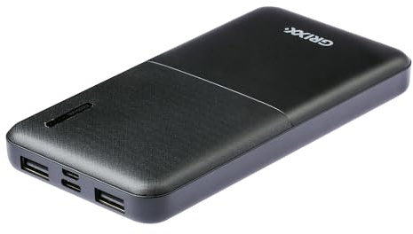 Grixx Powerbank 10.000mAh, 2 x USB-A Output, 1 x USB-C In-Output, 1 x Micro-USB Input, Kompatibel mit Smartphones, Tablets und mehr.