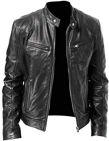 Men's Leather Biker Jacket - Vintage Leather Jacket Men Motorcycle - Stand Collar Distressed Leather Bomber Jacket Men(Black,X-Large)