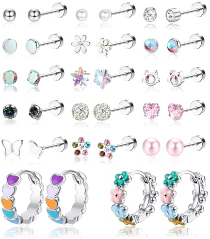 JeweBella 17Paia Piccoli Orecchini Set per Donna Ragazze Bambini Acciaio Chirurgico Ipoallergenico Orecchini a Cerchio Fiore Cuore Orecchini Perla Zircone Multicolore Vite Posteriore Orecchini Set