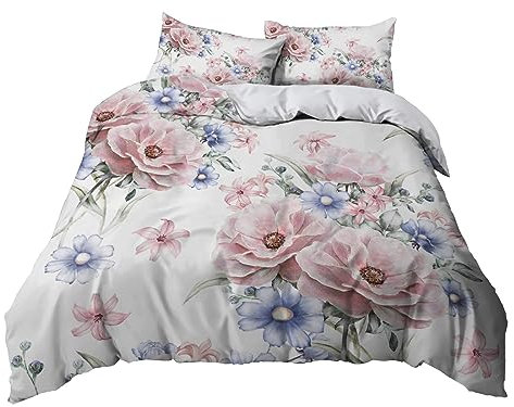 Bettwäsche 135X200 Rosa Blaue Blumen Bettbezug Set,Bettbezüge-Sets 3 Teilig Mikrofaser Bettbezug Mit Reißverschluss Und 2 Kissenbezug 80X80Cm, Jugendliche,Bettwäsche-Sets Modern