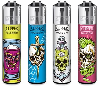 Clipper® Feuerzeuge im Multipack - 4er Set mit coolem Look - Nachhaltig NEU - INKL Gratis Crystal Deko Balls (Bone Portraits)