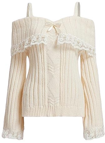 Women Y2K Off Shoulder Sweater Long Sleeve Lace Trim Open Back Straps Knitted Top Cute Pullover Jumper Crop Tops Shirt(White,S)