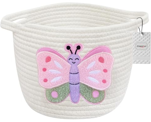 Inwagui Aufbewahrungskorb Gewebter Baumwollseil Korb Kinderzimmer Deko Korb Baby Spielzeug Korb Faltbar Rund Aufbewahrungskorb für Schrank, Regal, Desktop - Schmetterling