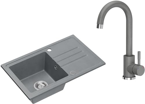 VBChome Spülbecken Granit Grau 70 x 44 cm Einbauspüle Einzelbecken Reversibel, inkl. Armatur Grau & Siphon – Granitspüle Küche Gesprenkelt Waschbecken Set