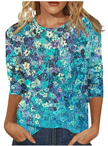 Generic Ladies Tops Size 20 UK Ladies 3/4 Length Sleeve Tops Casual Summer Round Neck Shirts Print Loose Fit Three Quarter Length Sleeve Blouses 05-Sky Blue M