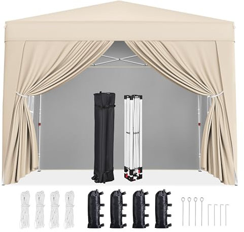 costoffs Pop Up Gazebo with Sides Waterproof Outdoor Shelter, 2x2m Heavy Duty Canopy Marquee Tent, 4 Removable Sidewalls & Sandbags for Garden, Party, Marketing, UV Protection 50+ Beige
