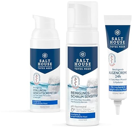 SALTHOUSE Gesichtspflege-Bundle für trockene & empfindliche Haut bestehend aus Reinigungsschaum Sensitiv (150ml) + Hyaluron-Gesichtscreme 24h (50ml) + Beruhigende Augencreme 24h (15ml)