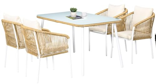 Outsunny Salon de Jardin 4 Personnes Ensemble de Salle à Manger en rotin PE avec chaises empilables et Coussins, Plateau en Verre trempé, Cadre en Aluminium, Jaune et Blanc