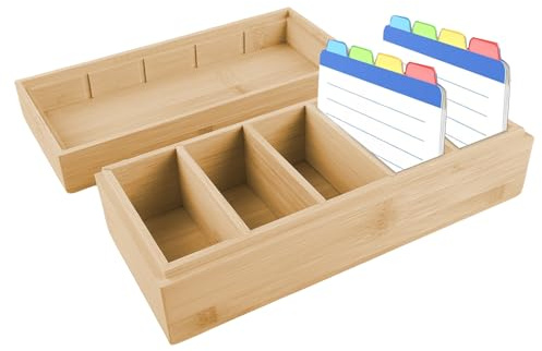 PRITOK Karteikasten A8 Bambus (24.5cm) mit Deckel & 5 Fächern - Karteikartenbox Holz Organizer für Schule/Büro - Vokabelbox Lernbox Aufbewahrungssystem