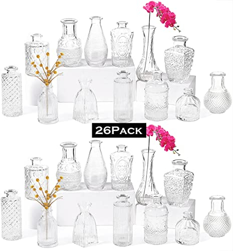 Mini Kleine Vasen Set, 26 Glas Blumenvasen Deko füR Tischdeko Hochzeit, Glasvase Vintage Durchsichtig Verschiedene Groessen Modern Party Tisch Hochzeitsdeko Home Decor
