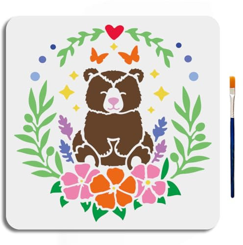 MAYJOYDIY Niedliche Happy Bären Schablonen 30×30cm Wiederverwendbare Malschablonen Mit Tiermotiven Herzförmige Schmetterlings Vorlage Zum Malen Für Holz Wände Fenster Heimwerker Dekoration