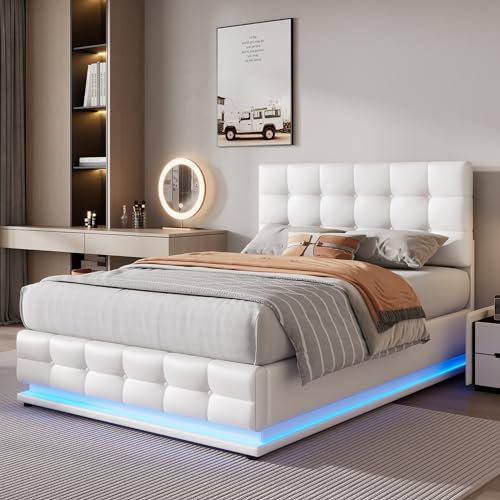 Merax Upholstered Bed Frame with Hydraulic Lift, 4FT6 Double Bed Frame with Slatted Frame and Storage Space, Functional Ottoman Bed, 16 Colors LED Lighting, Elegant PU Finish, White, 135x190cm