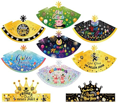 DPKOW 18Stk Glücksbringer Silvester Partyhüte, Deutsch Silvester Haarreif Papier Kronen Kegel Hüte Silvester Kopfschmuck für Neujahr Accessoires 2026 Silvester Zubehör Gadget