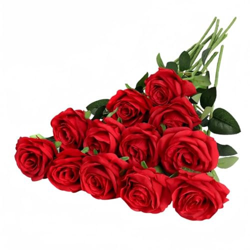 Waibejon Lot de 12 roses artificielles rouges avec tiges - Pour maison, jardin, fête, hôtel, bureau
