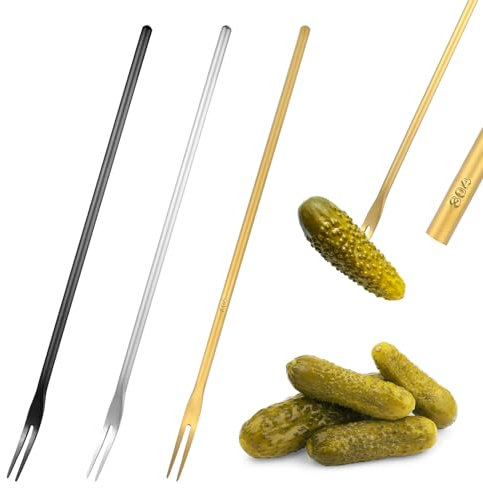 Aiyorse 3Pcs Pickle Fork, 8.66 Inches SUS 304 Stainless Steel Long Handle Pastry Fork Cute Food-Grade 2 Prong Appetizer Forks Cocktail Forks for Jar Cocktail Dessert Fruit (Gold, Sliver, Black)