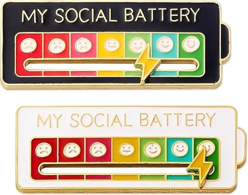 kinoco Social Battery Lot de 2 Broches Émaillées Batterie Sociale, Indicateur d'Humeur Arc-en-Ciel, Noir et Blanc