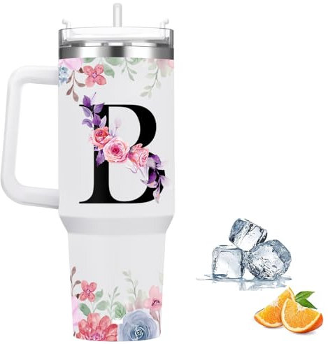 FOLAI Travel Mug,Drink Flasks for Hot & Cold,Stainless Steel Double Wall Vacuum Insulated Coffee Water Bottle, 40oz Tumbler with Straw and Lid Handle,Letter Printed Personalised Gifts(B)