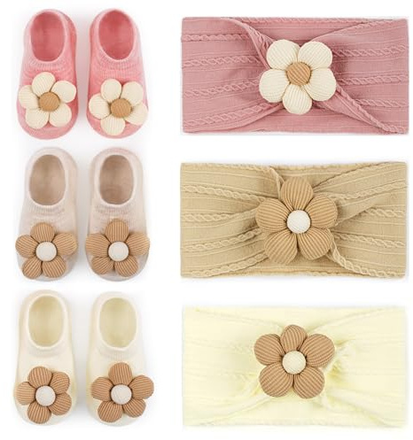 COZYOFFI Baby Flower Headband and Socks: Cute Headband and Socks Sets for Toddler Newborn Infant Girl Pink Khaki Beige