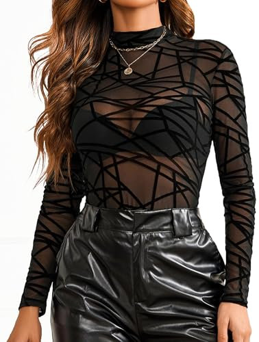 Avidlove Women's Mesh Tops Sexy Long Sleeve T-Shirt Half Mock Neck Bodysuit Slim Fit Rave Outfit Casual Blouse Tee Festival Clubwear Y2K Party Shirt PAT2 M