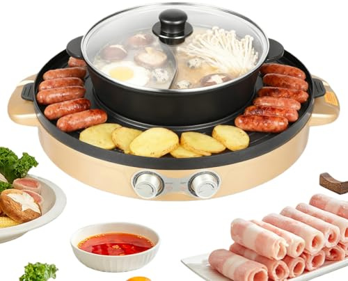 Elektrischer Hot Pot 2200W, 2 in 1 BBQ Grillplatte mit Antihaftbeschichtung, Tragbare Tischgrill Hotpot Topf mit Deckel, Rund Elektrisch Abnehmbaren Kochtopf für Barbecue und Hotpot
