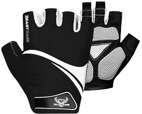 BEAST RAGE Guantes de ciclismo de medio dedo para hombres y mujeres, guantes de bicicleta transpirables sin dedos con palma antideslizante, absorción de golpes, acolchado de gel para ciclismo de
