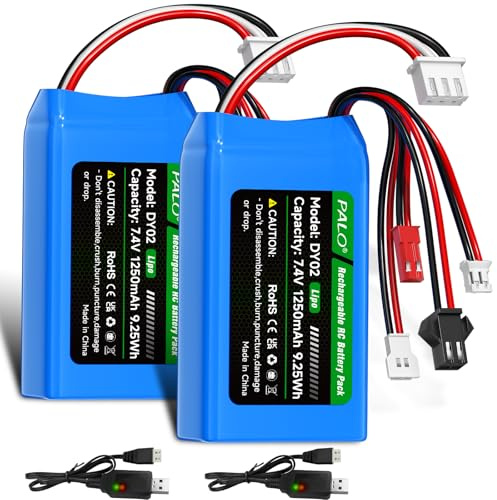 Mspalocell 7,4V Lipo-Akku 1250mAh PH2.0/JST/SM-2P/MX2.0 Akku 25C, XH2.54-3P Balance Stecker & USB-Ladegerät, für WLtoys RC Crawler SCX24 CR18P FCX18 FCX24, für RC Auto,Nitro, Flugzeug, 2 Stück Akku