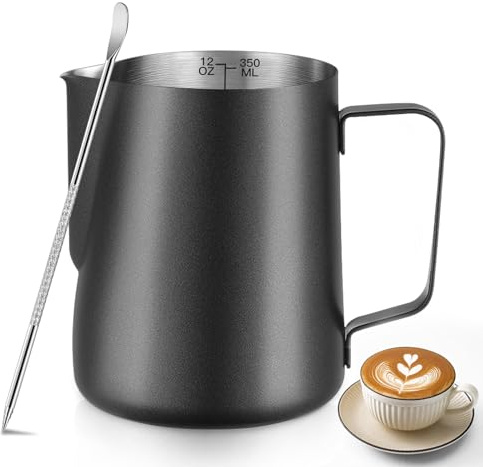 Milk Frothing Pitcher 12oz / 350ml – Stainless Steel Steaming Jug with Decorating Pen, Barista Milk Frother Cup for Latte Art, Cappuccino, Coffee (Black) | Food-Grade 304 Steel with Internal Measurement Markings, Heat Resistant Handle, Ideal for Cappuccino & Espresso Latte Art