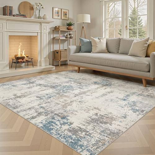 DMOYEST Wohnzimmer Teppich Modern 160x230cm Beige Blau Braun Waschbar