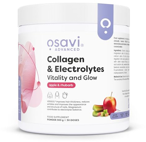 Osavi Collagen & Electrolytes Vitality & Glow – 300 g | Apple - Rhubarb flavour | VERISOL® collagen peptides for Hair, Skin & Nails | 5 electrolytes + vitamins | Hyaluronic acid, biotin, coconut water