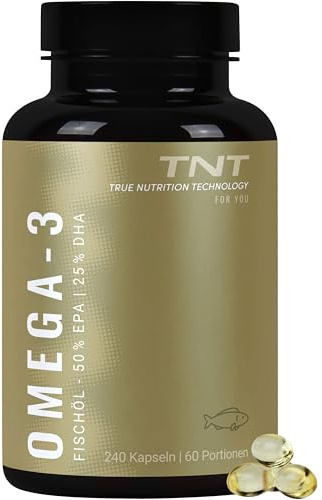 TNT Omega 3 Kapseln - Aus Fischöl - 240 Weichkapseln - 50% EPA & 25% DHA | Omega-3 Fettsäuren - Triglycerid-Form - 2860mg Fischöl pro Tagesdosis (1000mg EPA, 500mg DHA) - Hochdosiert - Ohne Zusätze