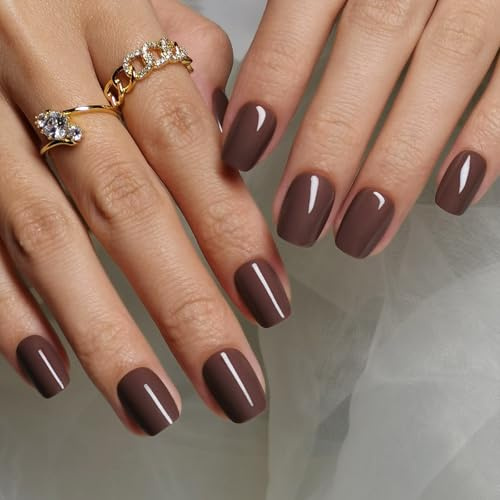 Short Brown Press On Nails, 32PCS False Nails in 16 Sizes | Easy Apply Durable Fake Nails, Stylish Neutral Brown Nails for Daily Wear